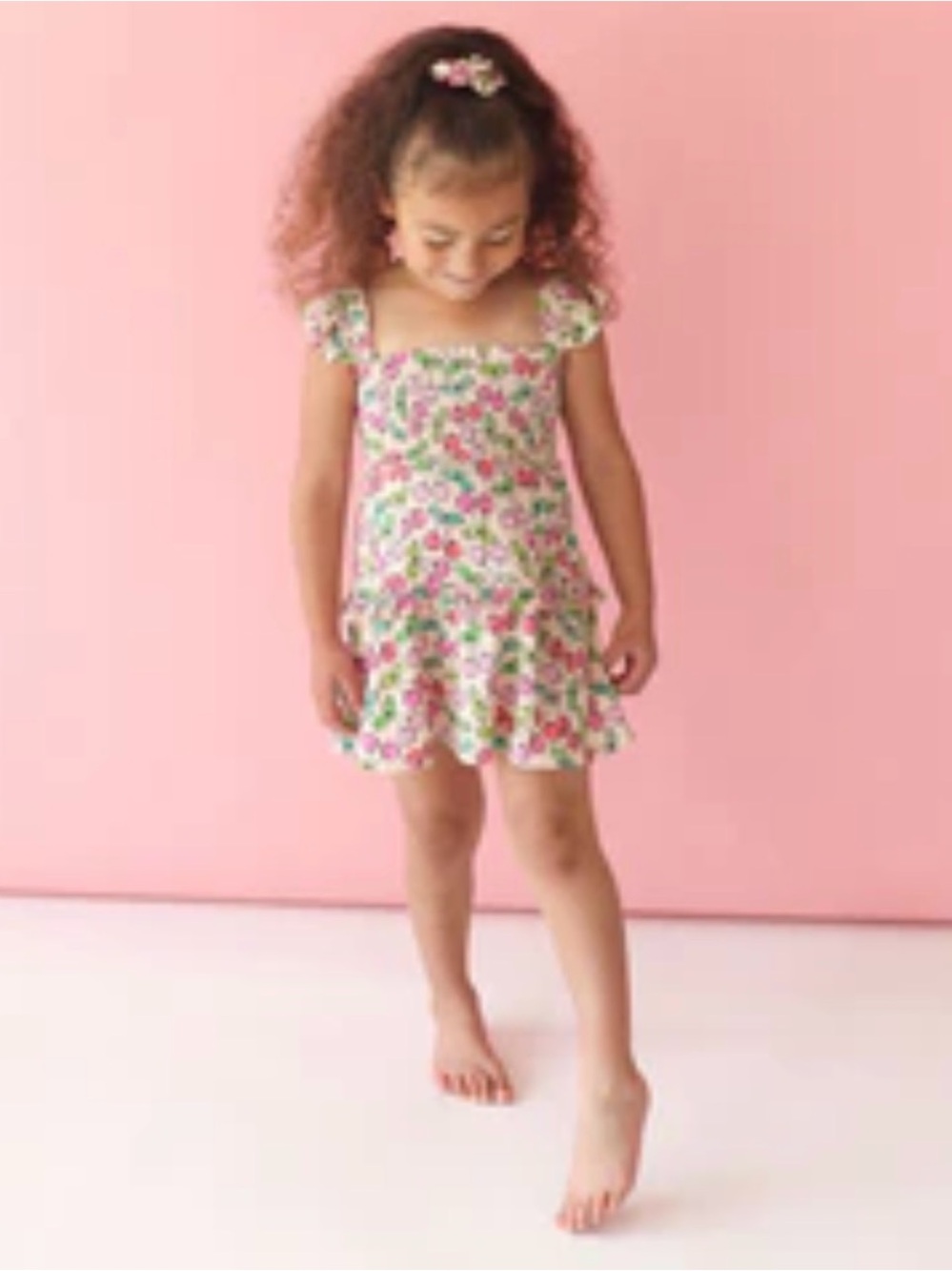 Posh Peanut Summer Cherry Flutter Sleeve Smocked Babydoll Dress - 5T-6T / Pink
